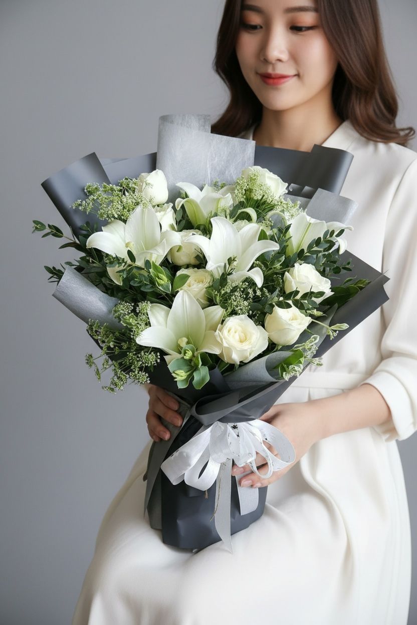 Beyaz Lilyum Karışık Çiçek Buketi