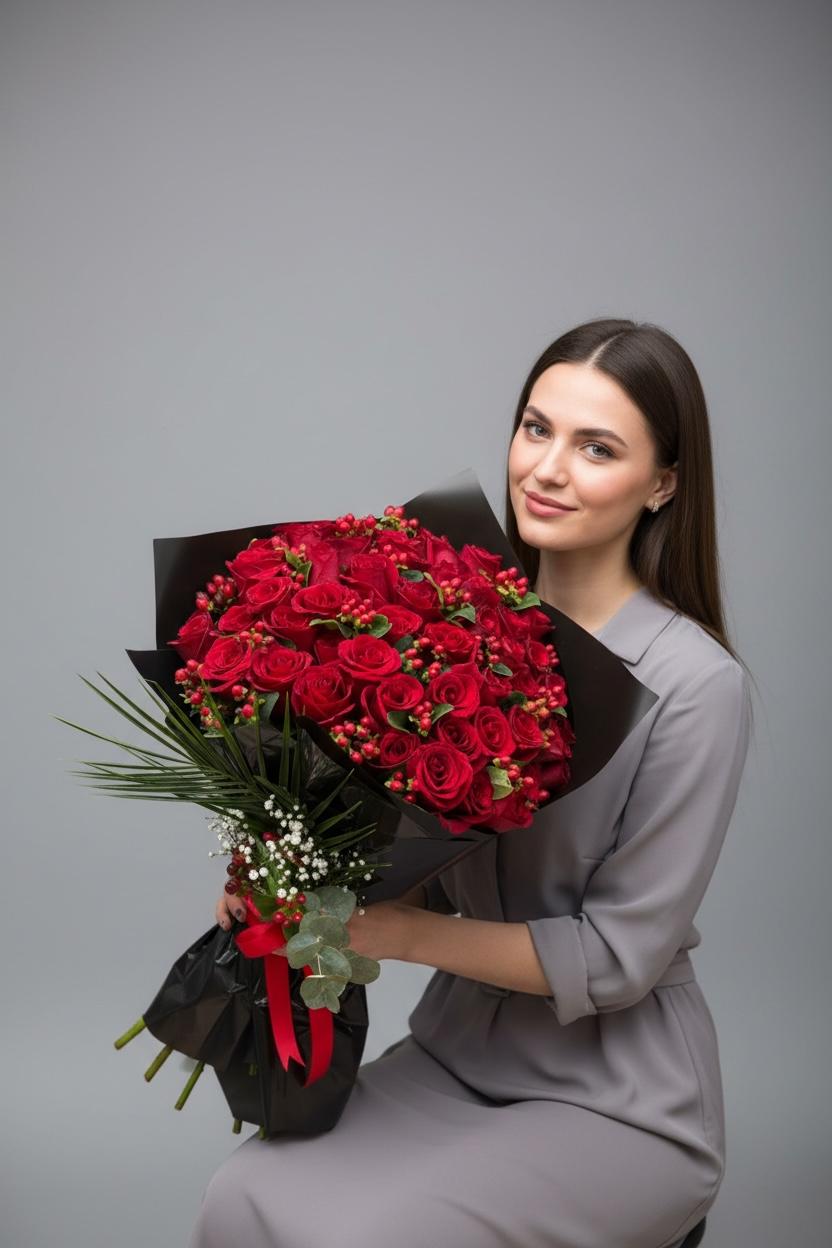 51 Kırmızı Gül & Hiperikum Buketi