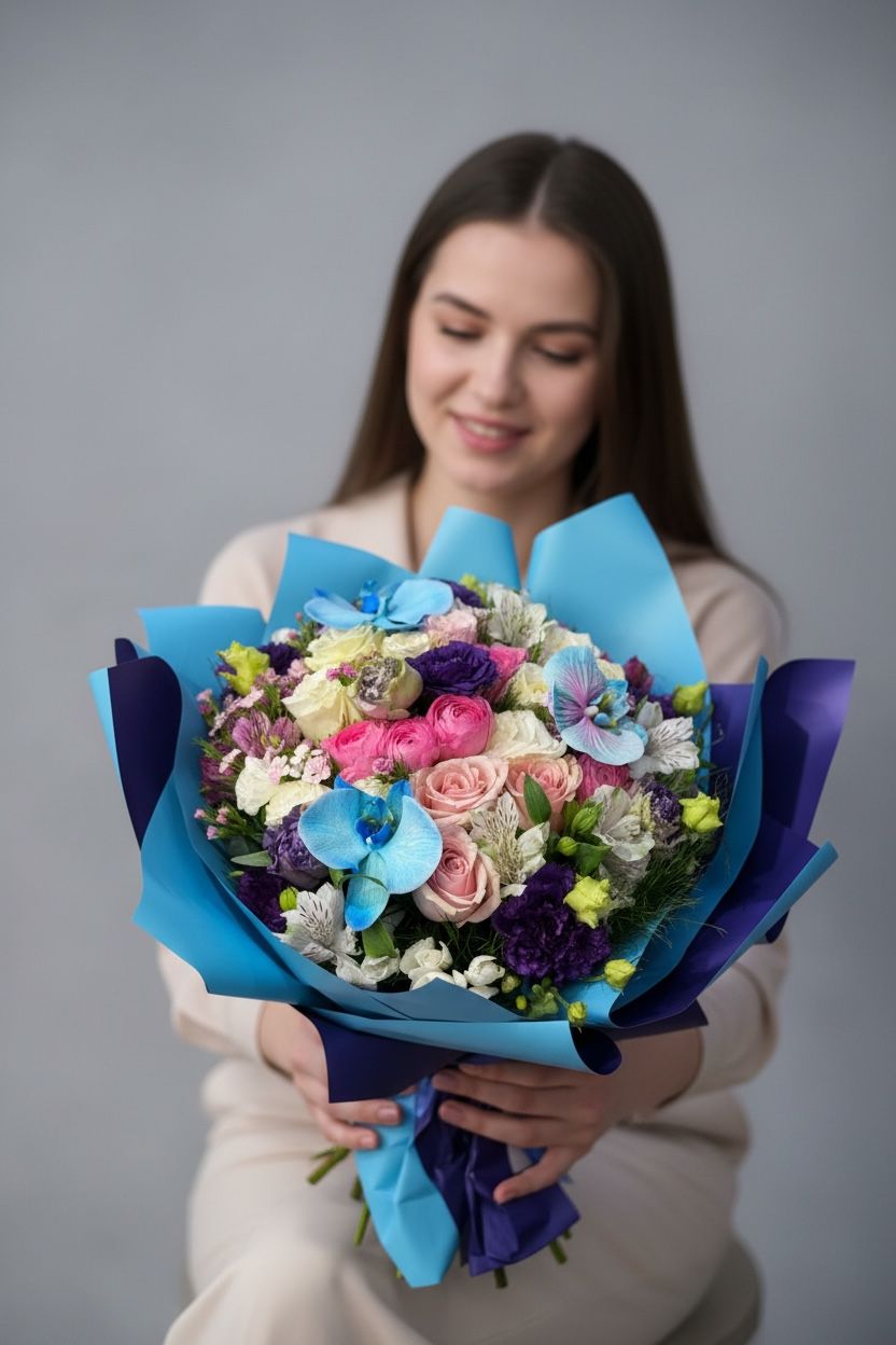 Mavi Orkideli Mevsim Çiçek Buketi