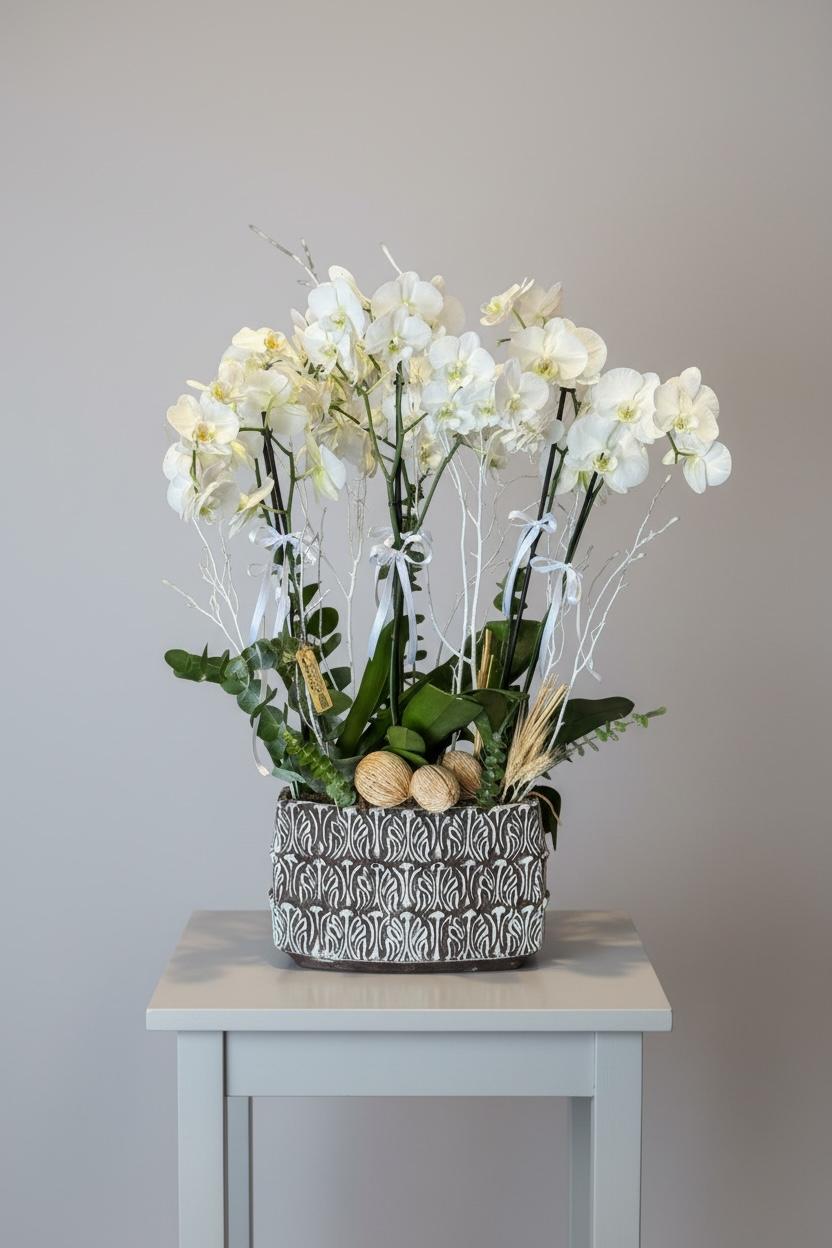 6 Dallı Beyaz Orkide Çiçeği